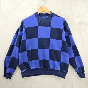 Stussy Crewneck Sweatshirt Womens XS Blue Blur Checker Streetwear Surf Skate Vtg